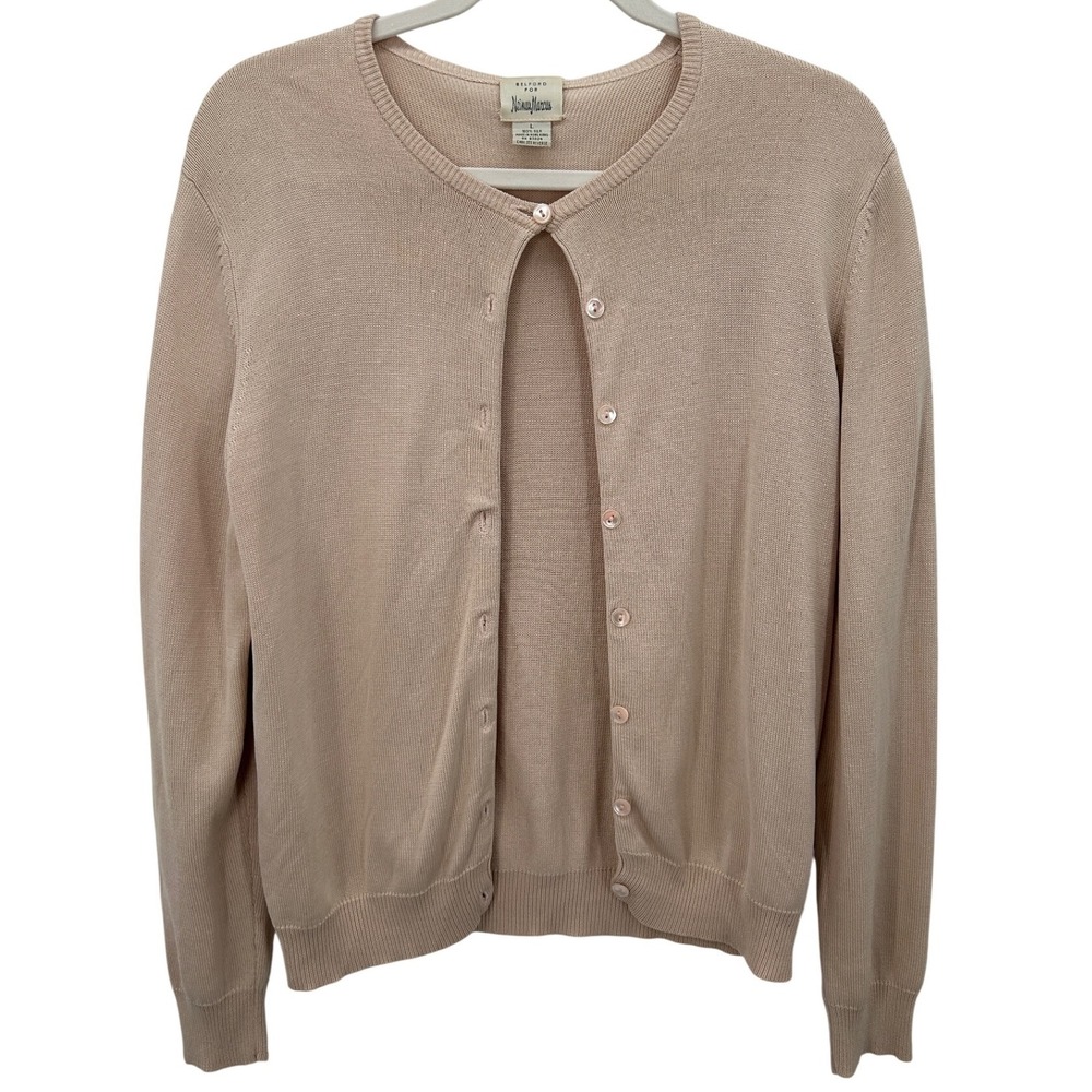 Belford Neiman Marcus Women Tan Apricot 100% Silk Knit Cardigan‎ Sweater Size L